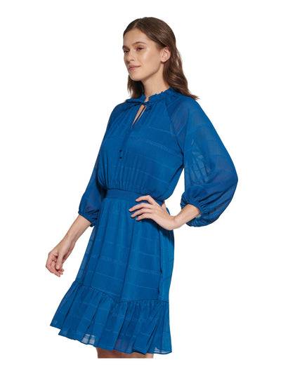 DKNY Womens Blue Ruffled Tie Smocked Waist Lined Pullover Striped 3/4 Sleeve Split Above The Knee Wear To Work Fit + Flare Dress 6