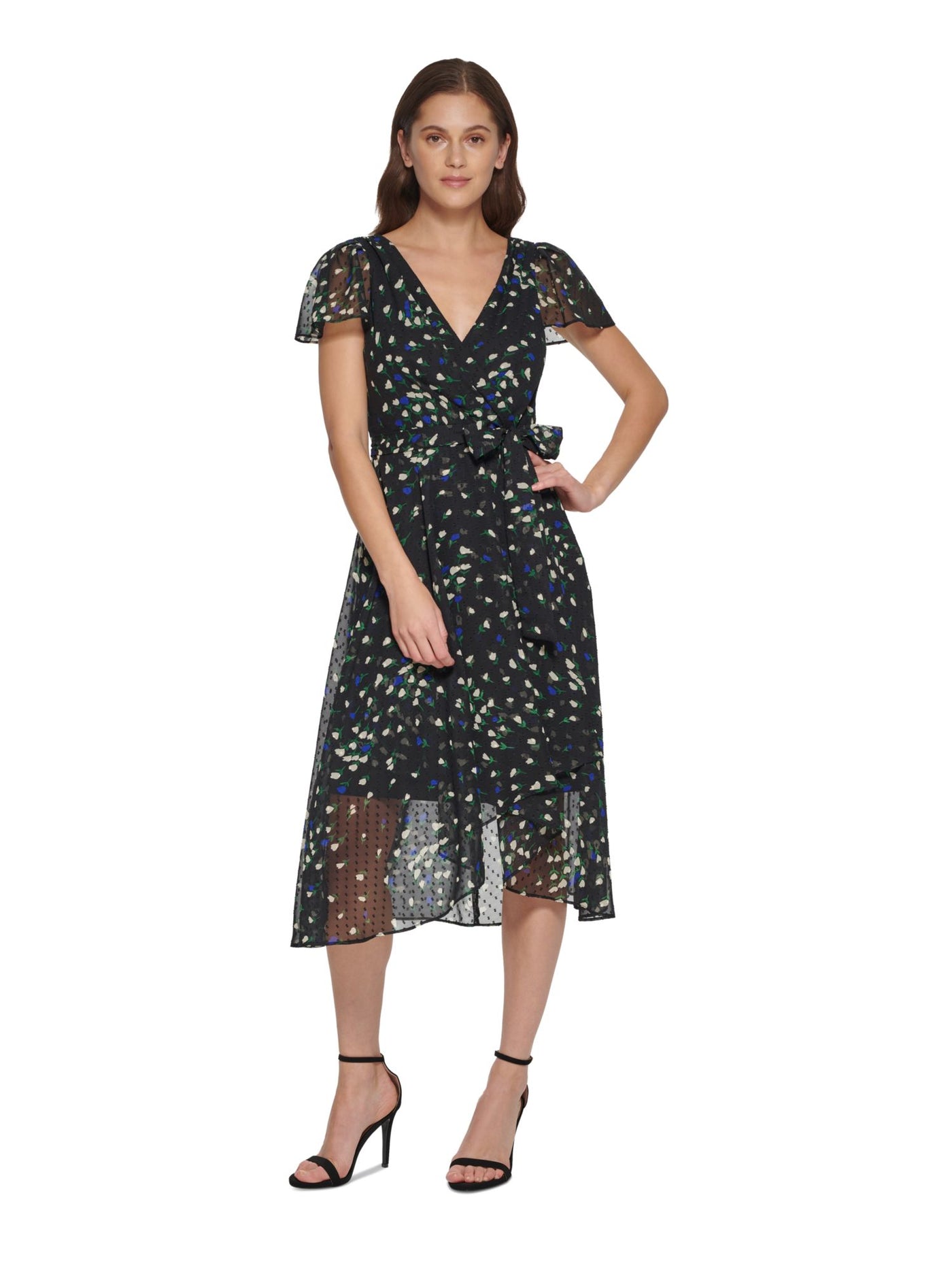 DKNY Womens Black Zippered Lined Self-tie Belt Floral Flutter Sleeve V Neck Midi Wear To Work Faux Wrap Dress 8