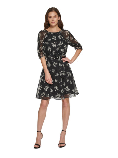 DKNY Womens Black Zippered Lined Self-tie Belt Floral Elbow Sleeve Round Neck Above The Knee Wear To Work Fit + Flare Dress 6