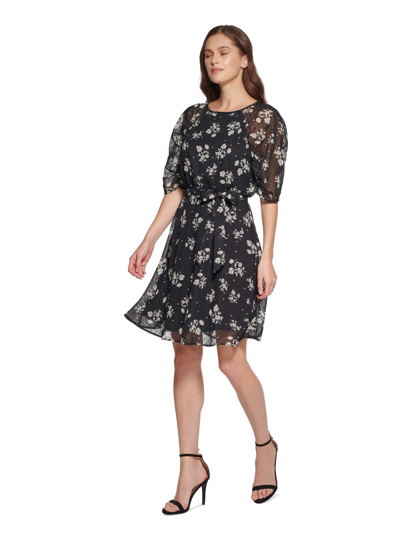 DKNY Womens Black Zippered Lined Self-tie Belt Floral Elbow Sleeve Round Neck Above The Knee Wear To Work Fit + Flare Dress 16