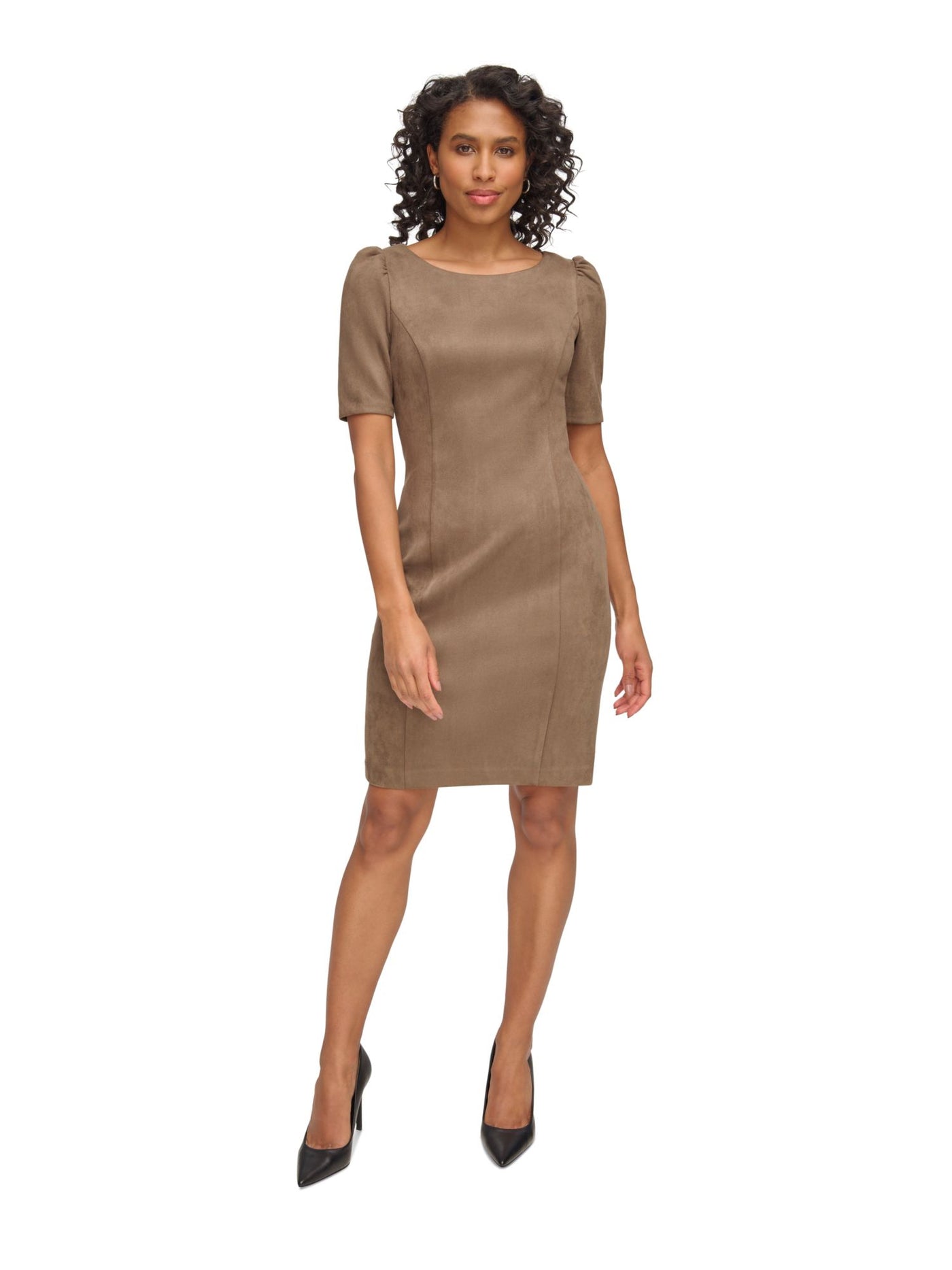 DKNY Womens Beige Zippered Faux-suede Pouf Sleeve Round Neck Above The Knee Wear To Work Sheath Dress 4