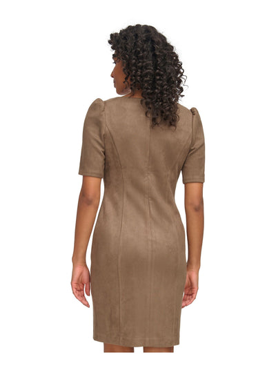 DKNY Womens Beige Zippered Faux-suede Pouf Sleeve Round Neck Above The Knee Wear To Work Sheath Dress 4