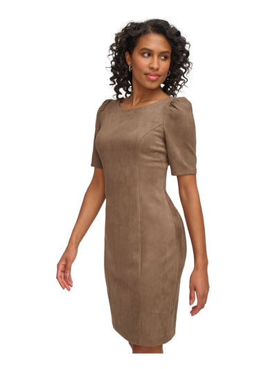 DKNY Womens Beige Zippered Faux-suede Pouf Sleeve Round Neck Above The Knee Wear To Work Sheath Dress 4