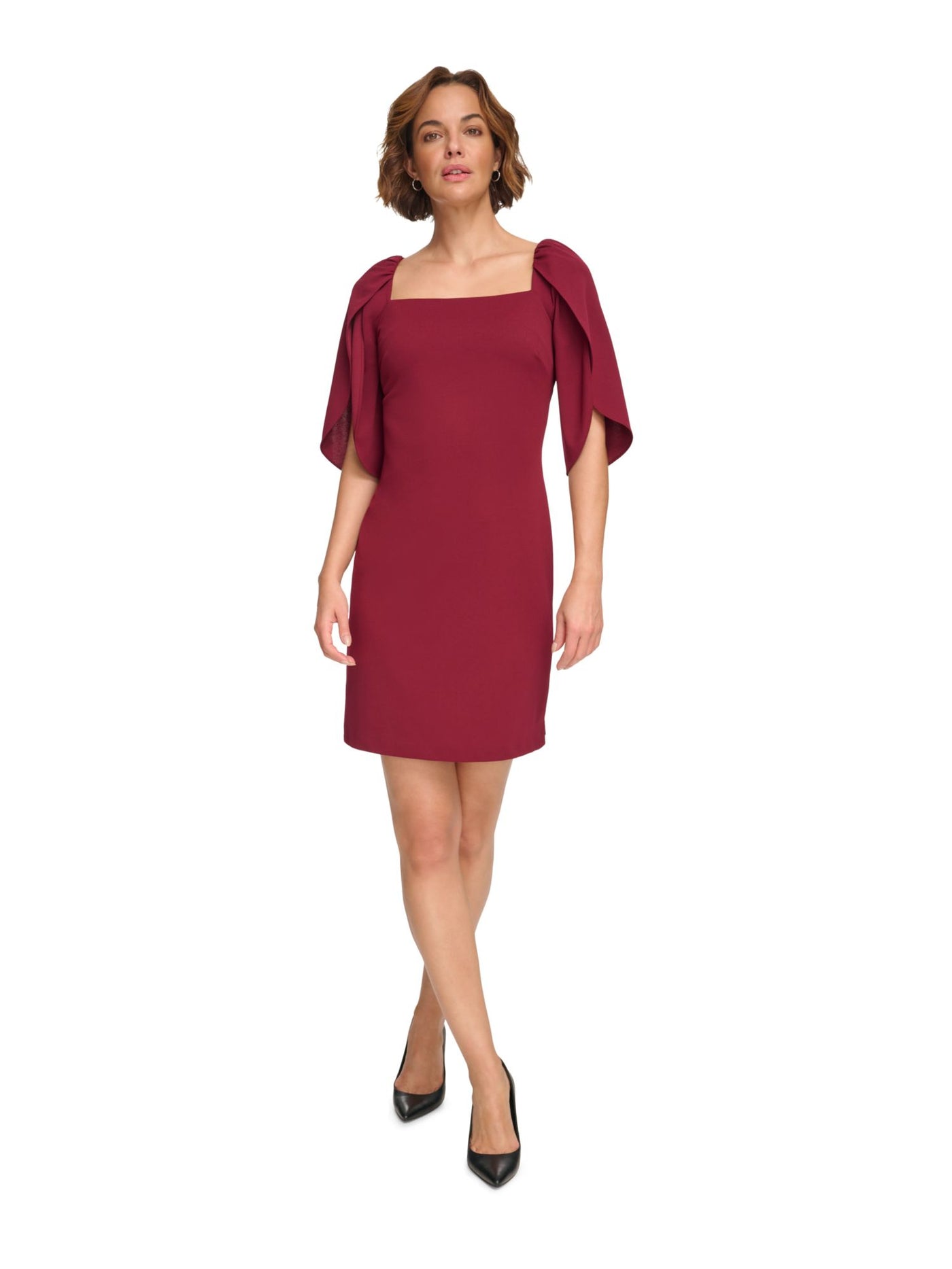 DKNY Womens Maroon Zippered Tulip Sleeve Square Neck Above The Knee Party Sheath Dress 12