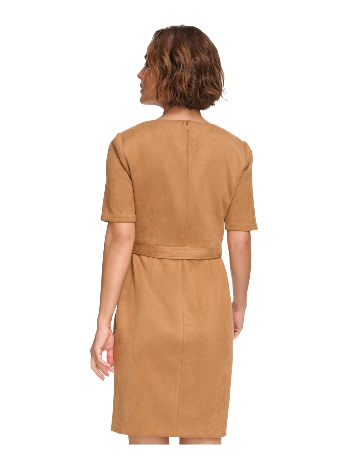 DKNY Womens Brown Zippered Belted Zip Accent Short Sleeve Asymmetrical Neckline Above The Knee Cocktail Shift Dress 16