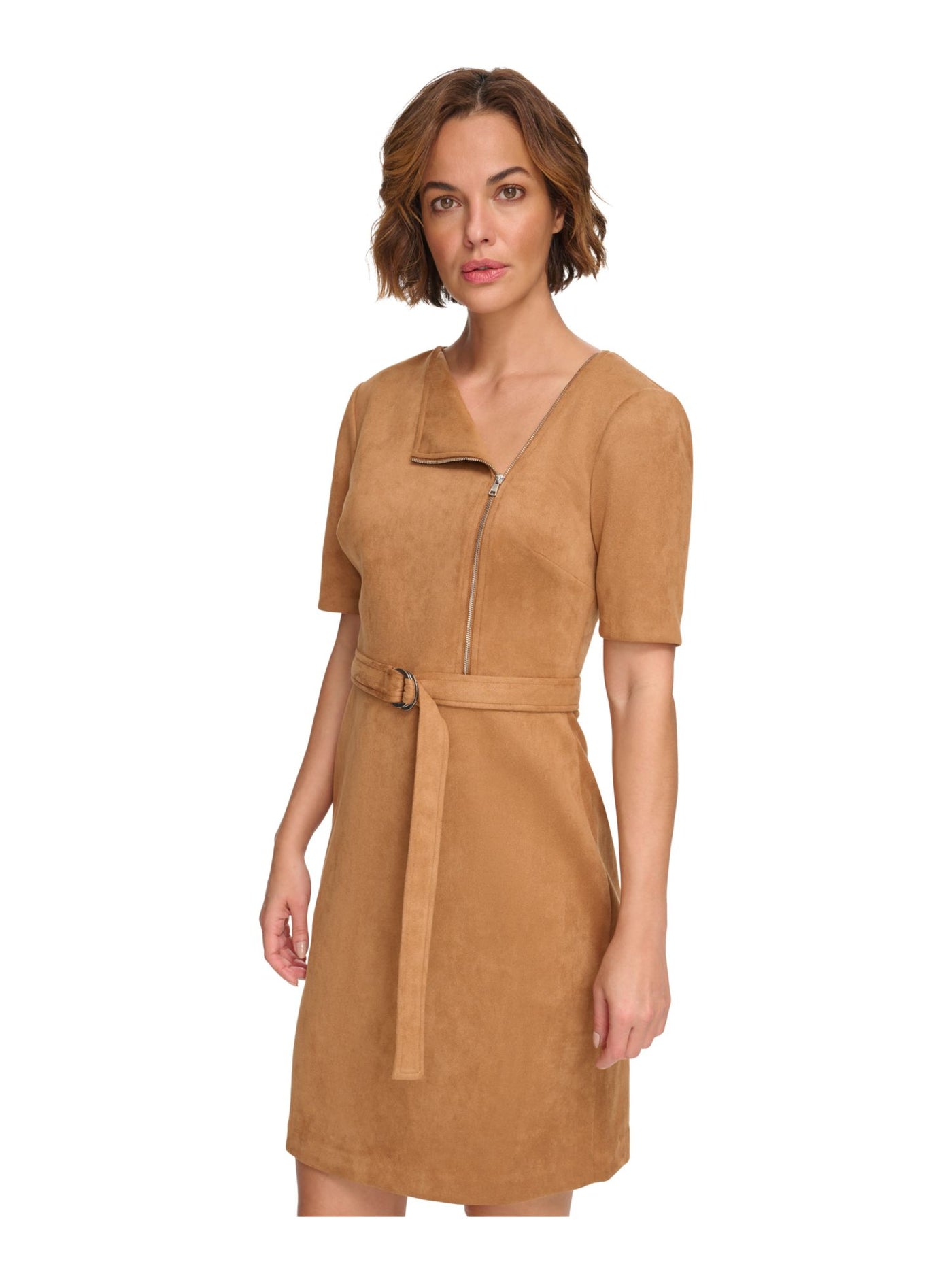 DKNY Womens Brown Zippered Belted Zip Accent Short Sleeve Asymmetrical Neckline Above The Knee Cocktail Shift Dress 16