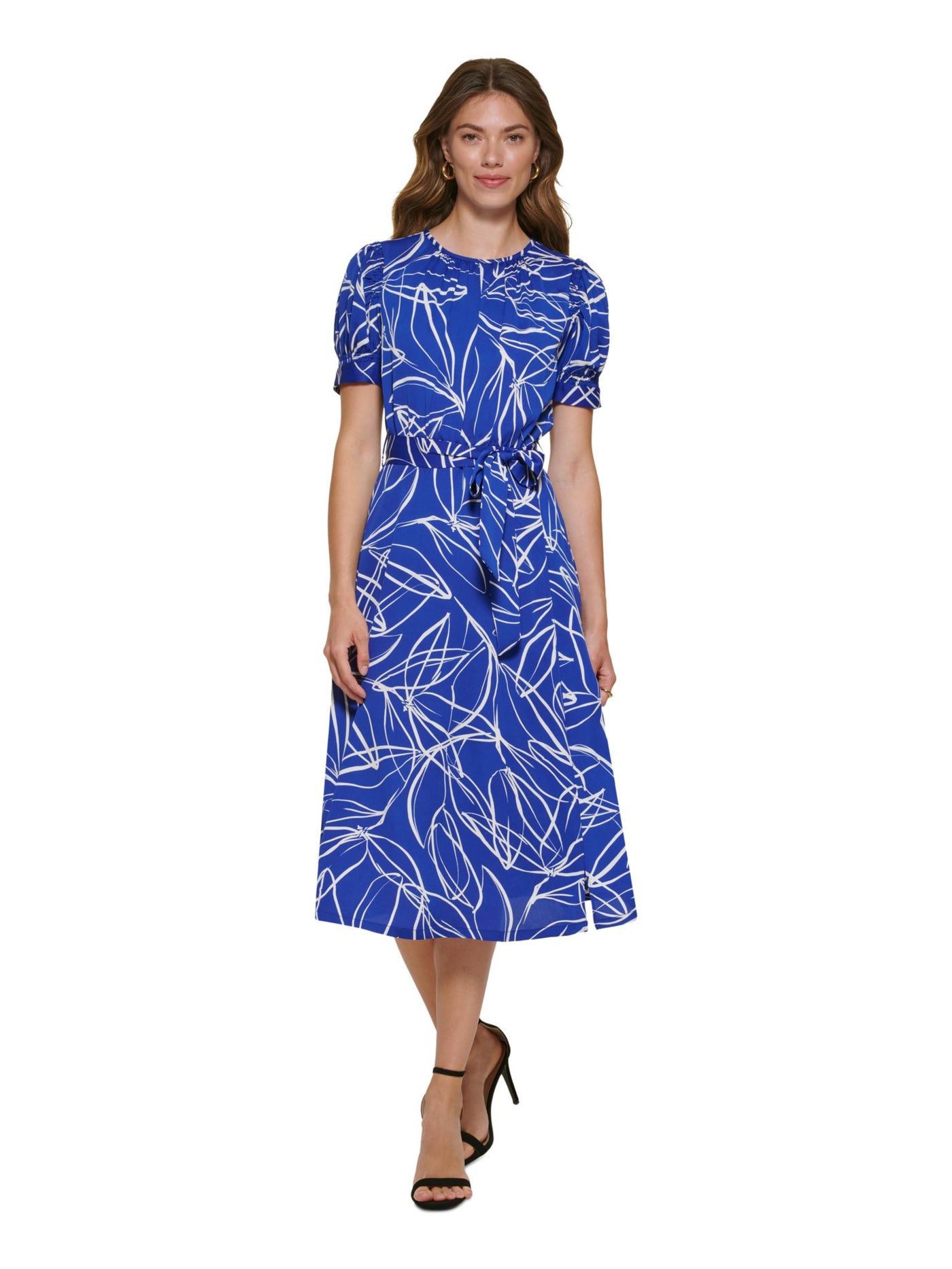 DKNY Womens Blue Zippered Slitted Keyhole Back Self-tie Belt Printed Pouf Sleeve Round Neck Midi Wear To Work Fit + Flare Dress 12