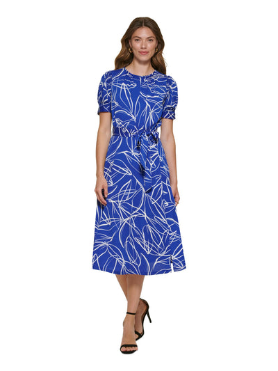 DKNY Womens Blue Zippered Slitted Keyhole Back Self-tie Belt Printed Pouf Sleeve Round Neck Midi Wear To Work Fit + Flare Dress 12