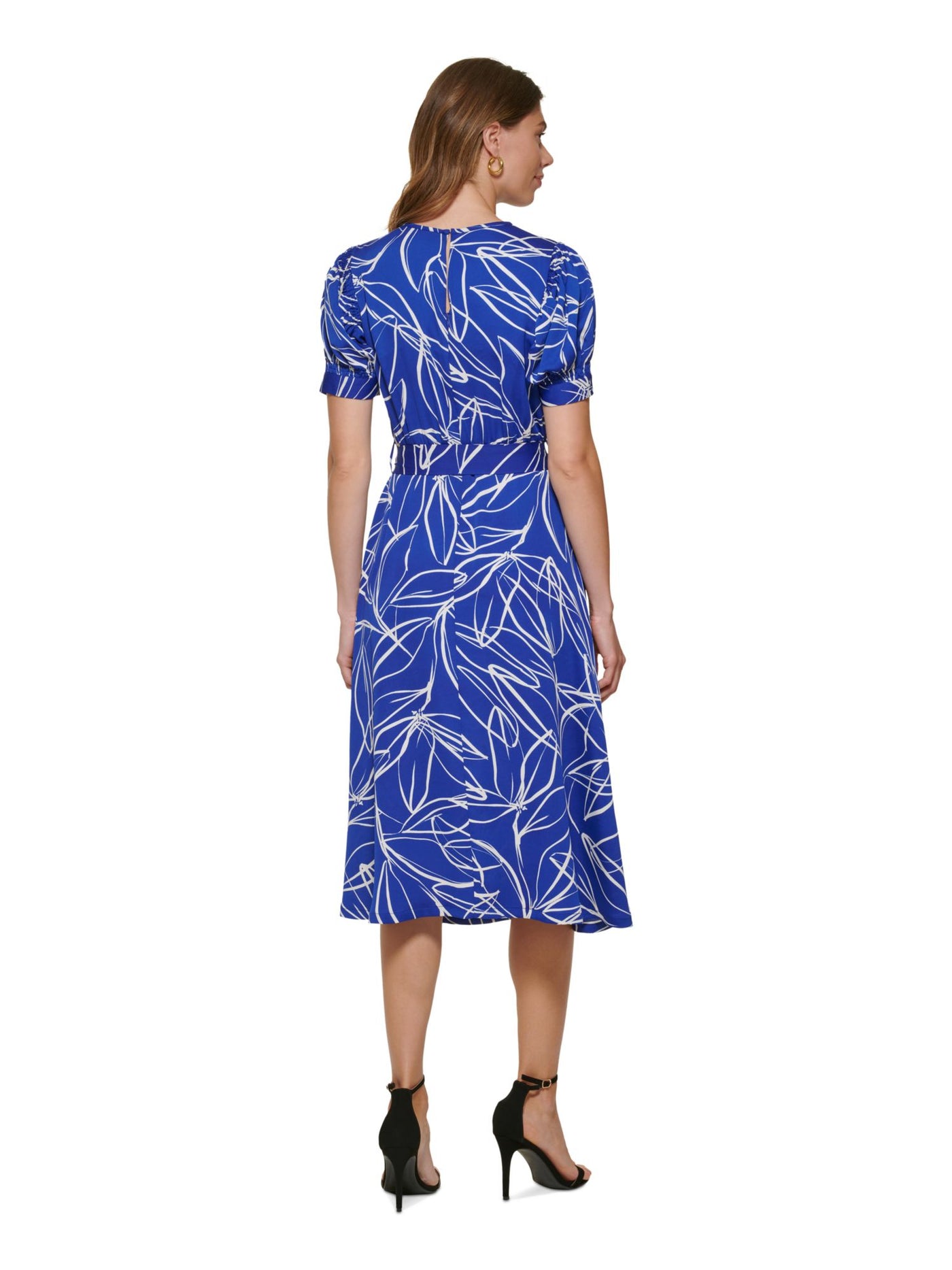 DKNY Womens Blue Zippered Slitted Keyhole Back Self-tie Belt Printed Pouf Sleeve Round Neck Midi Wear To Work Fit + Flare Dress 12