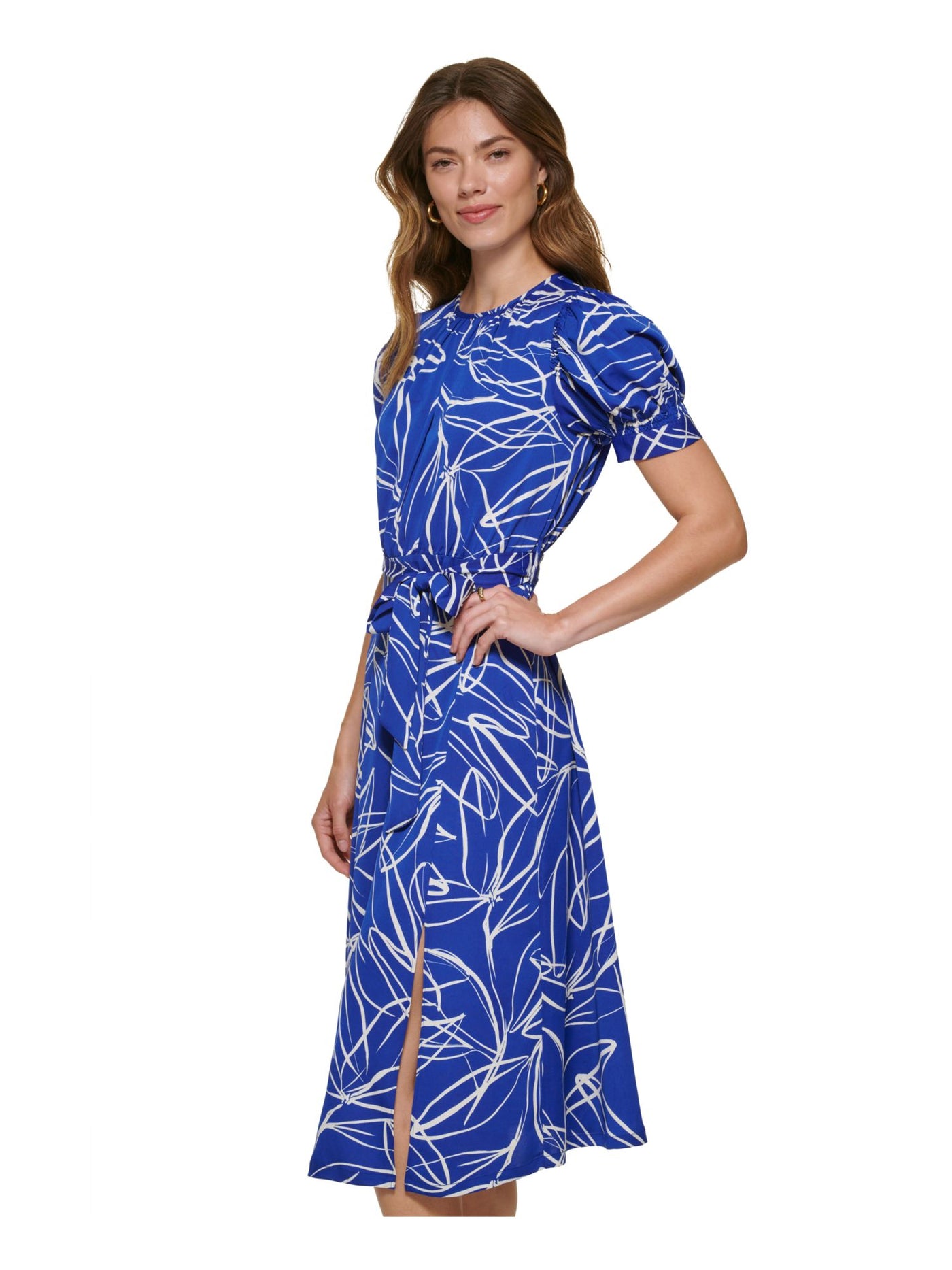 DKNY Womens Blue Zippered Slitted Keyhole Back Self-tie Belt Printed Pouf Sleeve Round Neck Midi Wear To Work Fit + Flare Dress 12