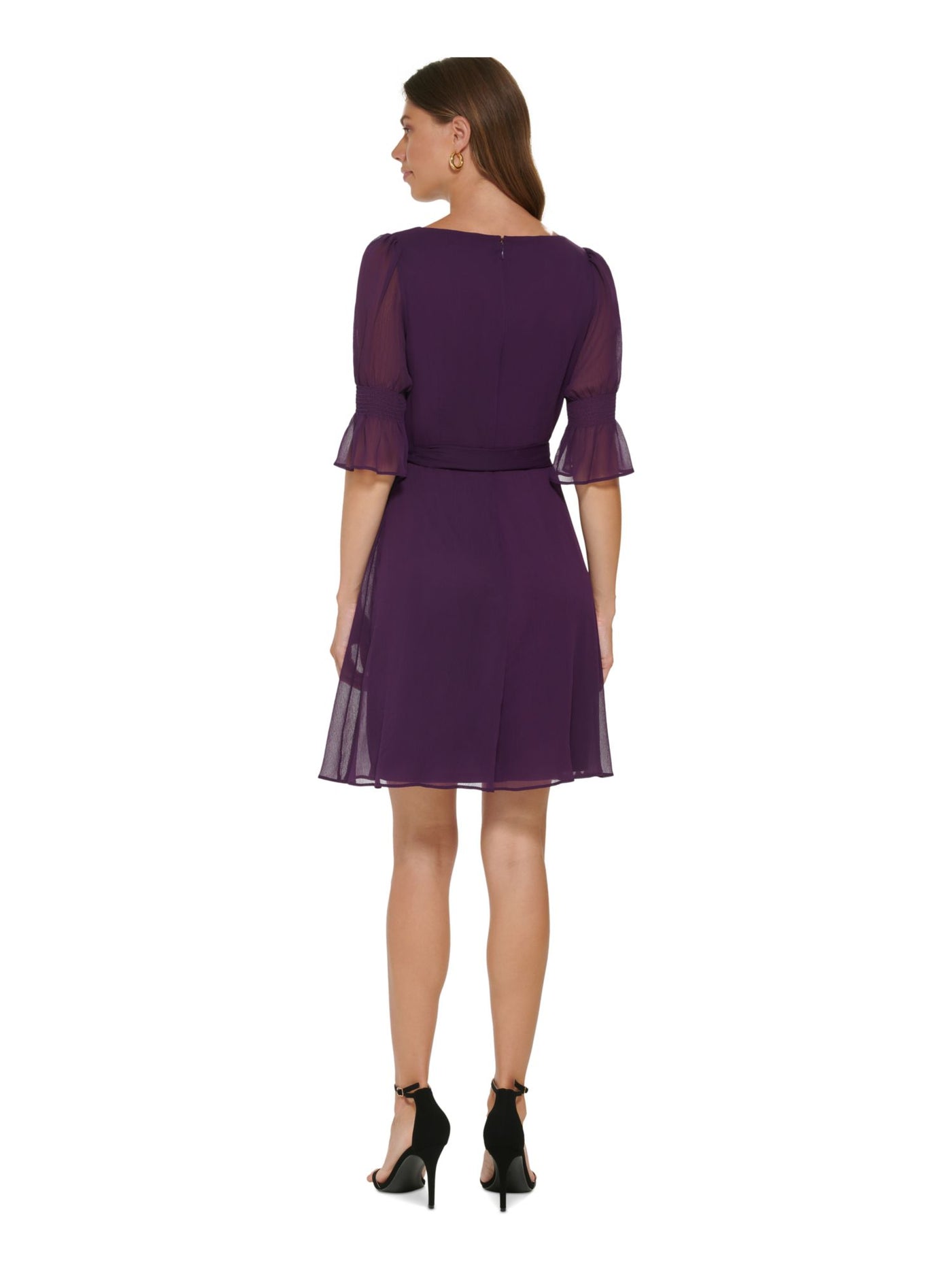 DKNY Womens Purple Zippered Lined Ruffled Cuffs Self-tie Belt Pouf Sleeve Round Neck Above The Knee Wear To Work Fit + Flare Dress 16