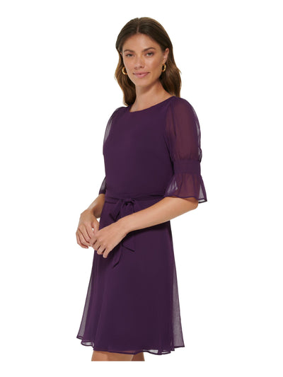 DKNY Womens Purple Zippered Lined Ruffled Cuffs Self-tie Belt Pouf Sleeve Round Neck Above The Knee Wear To Work Fit + Flare Dress 2