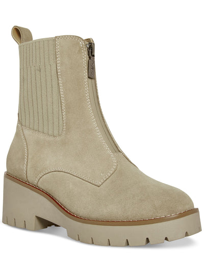 AQUA COLLEGE Womens Beige 1" Platform Cushioned Ribbed Stretch Panels Waterproof Lug Sole Dream Round Toe Zip-Up Booties 8 M