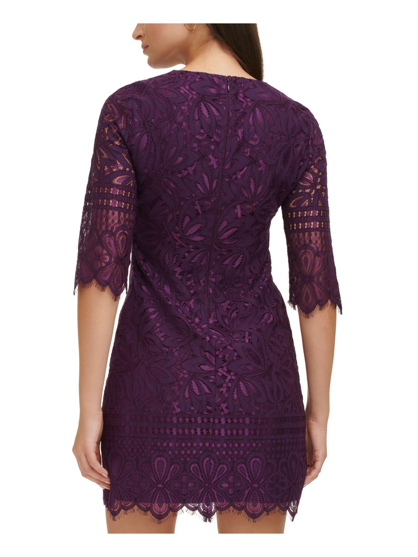KENSIE DRESSES Womens Purple Zippered Lined Fringed Scalloped Floral 3/4 Sleeve Crew Neck Short Cocktail Sheath Dress 6