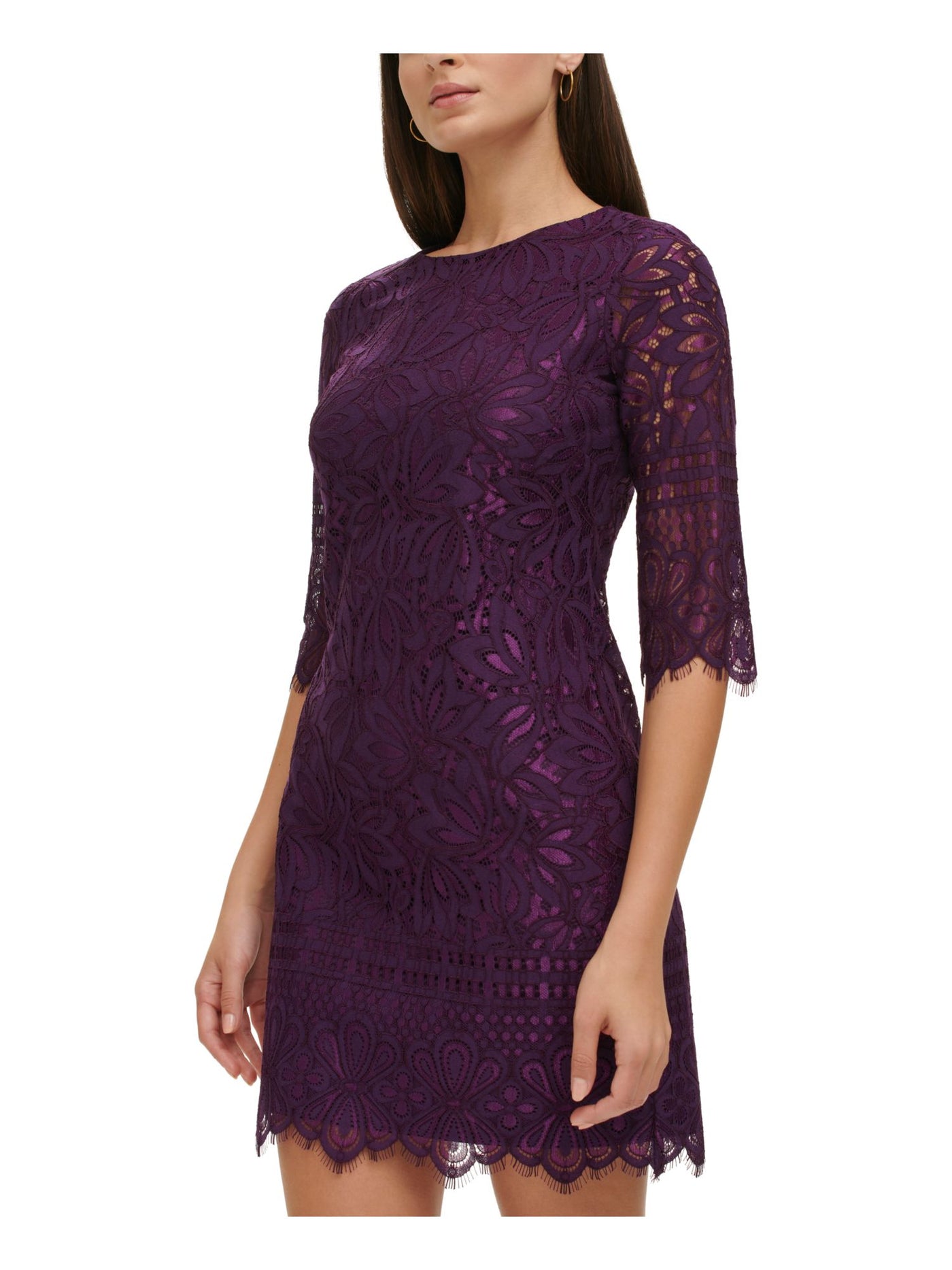 KENSIE DRESSES Womens Purple Zippered Lined Fringed Scalloped Floral 3/4 Sleeve Crew Neck Short Cocktail Sheath Dress 6