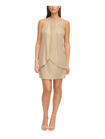 KENSIE DRESSES Womens Gold Ruched Lined Drape Front Sleeveless Halter Short Party Sheath Dress 8