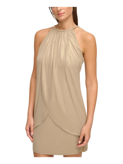 KENSIE DRESSES Womens Gold Ruched Lined Drape Front Sleeveless Halter Short Party Sheath Dress 8