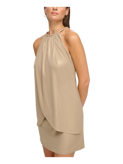 KENSIE DRESSES Womens Gold Ruched Lined Drape Front Sleeveless Halter Short Party Sheath Dress 4