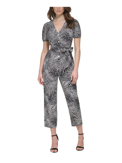 KENSIE DRESSES Womens Black Tie Printed Short Sleeve V Neck Button Up Cropped Jumpsuit 8