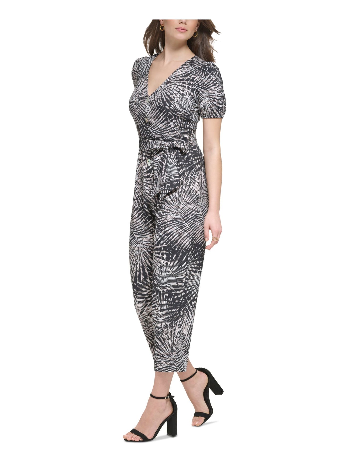 KENSIE DRESSES Womens Black Tie Printed Short Sleeve V Neck Button Up Cropped Jumpsuit 8