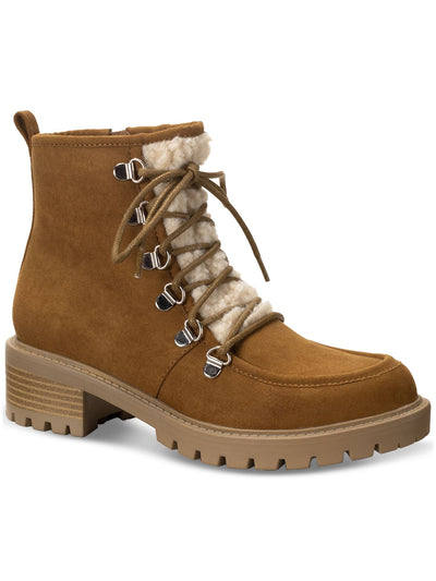 SUN STONE Womens Brown Lace Up Apron Toe Cushioned Faux Shearling Trim Lug Sole Treaded Quiinn Round Toe Zip-Up Winter Boots 7 M