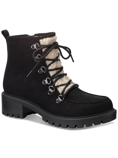 SUN STONE Womens Black Lace Up Apron Toe Padded Faux Shearling Trim Lug Sole Treaded Quiinn Round Toe Zip-Up Winter Boots 7 M