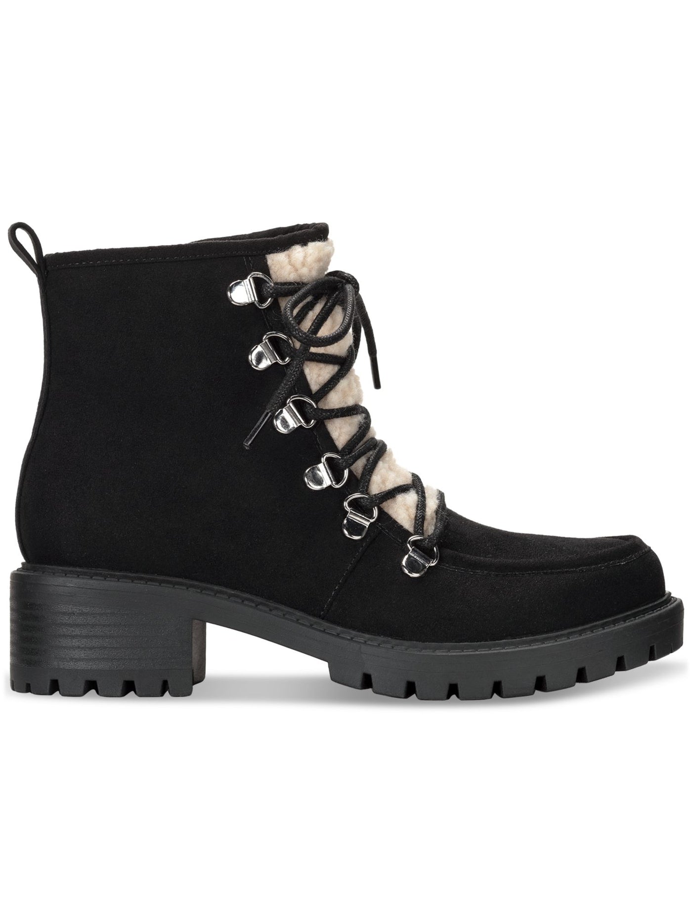 SUN STONE Womens Black Lace Up Apron Toe Padded Faux Shearling Trim Lug Sole Treaded Quiinn Round Toe Zip-Up Winter Boots 7.5 M