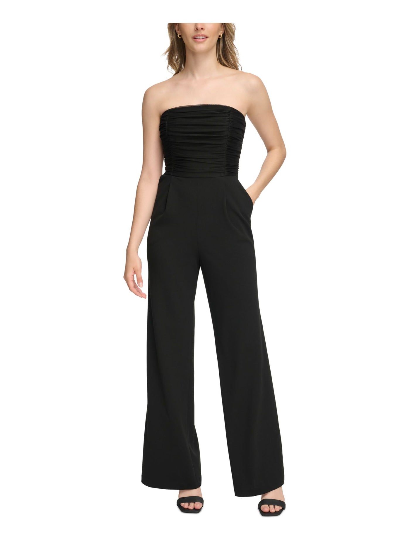 CALVIN KLEIN Womens Black Zippered Pocketed Ruched-bodice Straight Leg Sleeveless Strapless Party High Waist Jumpsuit 4