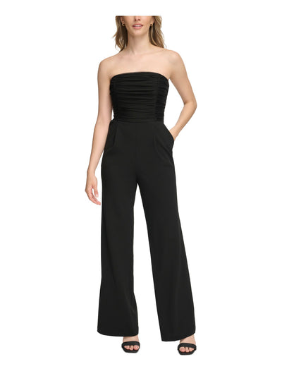 CALVIN KLEIN Womens Black Zippered Pocketed Ruched-bodice Straight Leg Sleeveless Strapless Party High Waist Jumpsuit 4