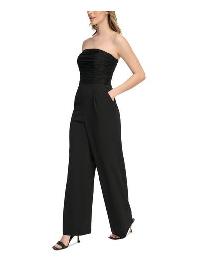 CALVIN KLEIN Womens Black Zippered Pocketed Ruched-bodice Straight Leg Sleeveless Strapless Party High Waist Jumpsuit 4