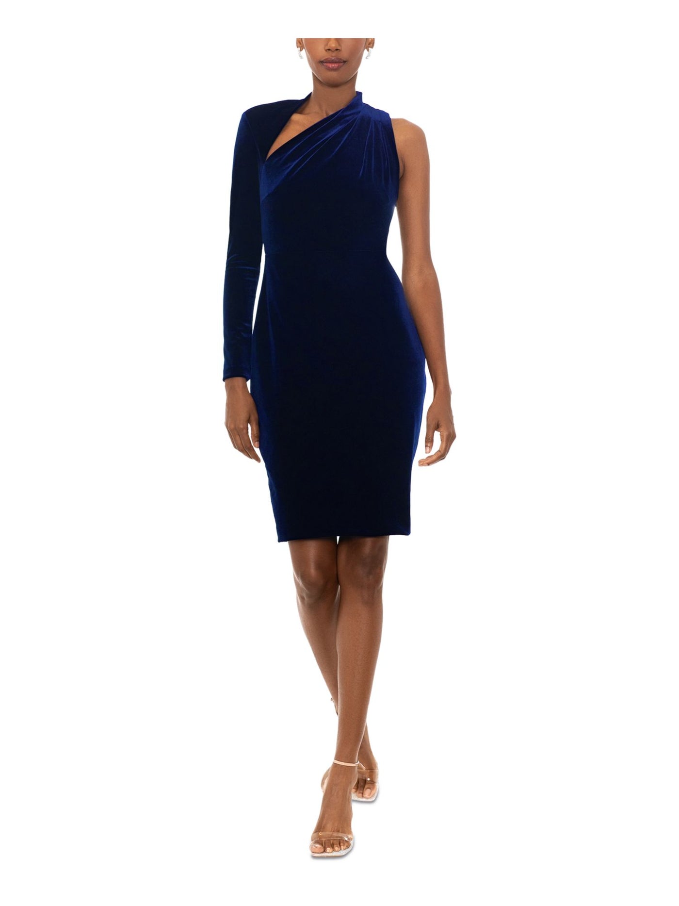 BETSY & ADAM Womens Navy Pleated Zippered Lined Long Sleeve Asymmetrical Neckline Above The Knee Party Sheath Dress Petites 12P