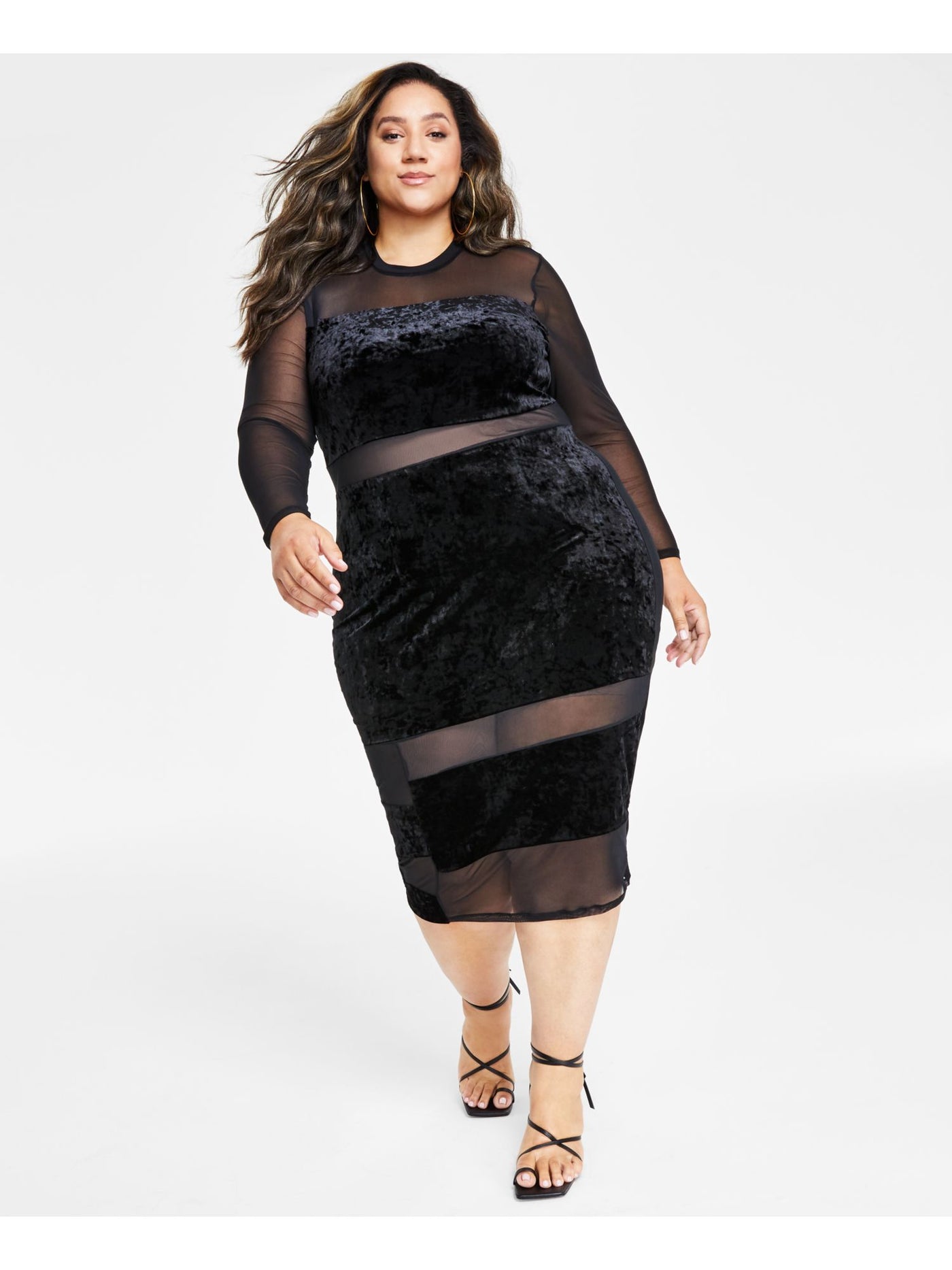 NINA PARKER Womens Black Long Sleeve Illusion Neckline Below The Knee Cocktail Sheath Dress Plus 2X