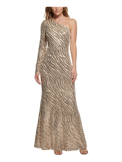 VINCE CAMUTO Womens Beige Sequined Zippered Single Sleeve Lined Long Sleeve Asymmetrical Neckline Full-Length Evening Gown Dress Petites 8P