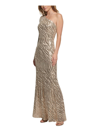 VINCE CAMUTO Womens Beige Sequined Zippered Single Sleeve Lined Long Sleeve Asymmetrical Neckline Full-Length Evening Gown Dress Petites 8P