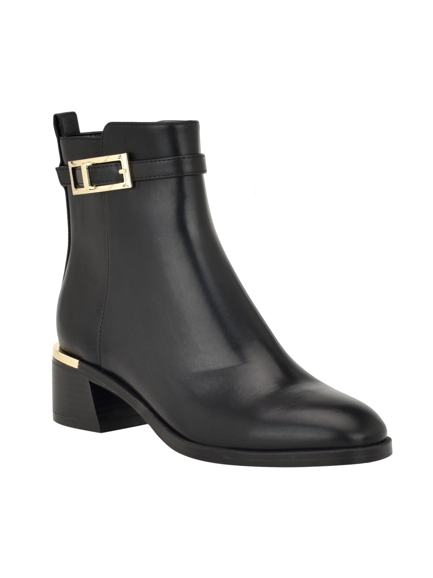 CALVIN KLEIN Womens Black Buckled Ankle Strap Heel Pull-Tab Padded Metallic Jallis Almond Toe Flare Zip-Up Booties 6.5 M