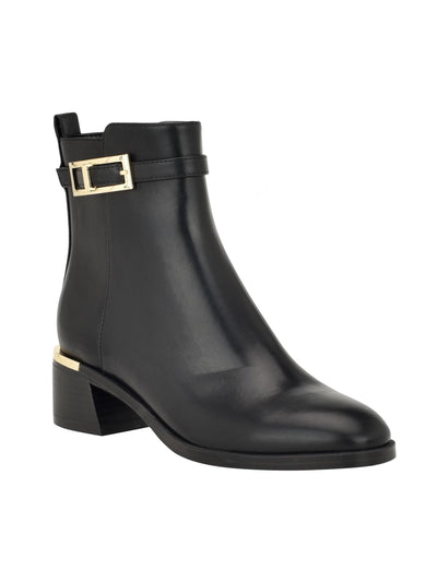 CALVIN KLEIN Womens Black Buckled Ankle Strap Heel Pull-Tab Padded Metallic Jallis Almond Toe Flare Zip-Up Booties 6.5 M