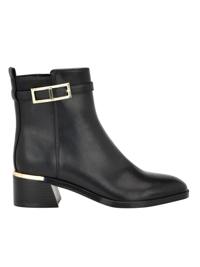 CALVIN KLEIN Womens Black Buckled Ankle Strap Heel Pull-Tab Padded Metallic Jallis Almond Toe Flare Zip-Up Booties 6.5 M
