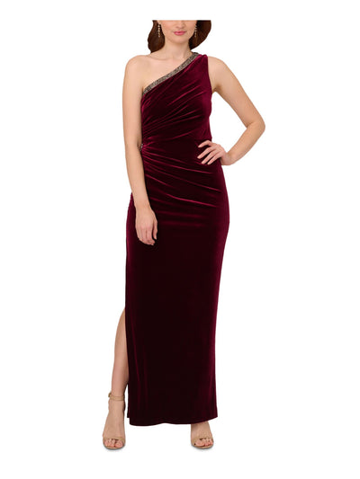 ADRIANNA PAPELL Womens Maroon Zippered Embellished Ruched Slitted Lined Sleeveless Asymmetrical Neckline Full-Length Evening Gown Dress 16