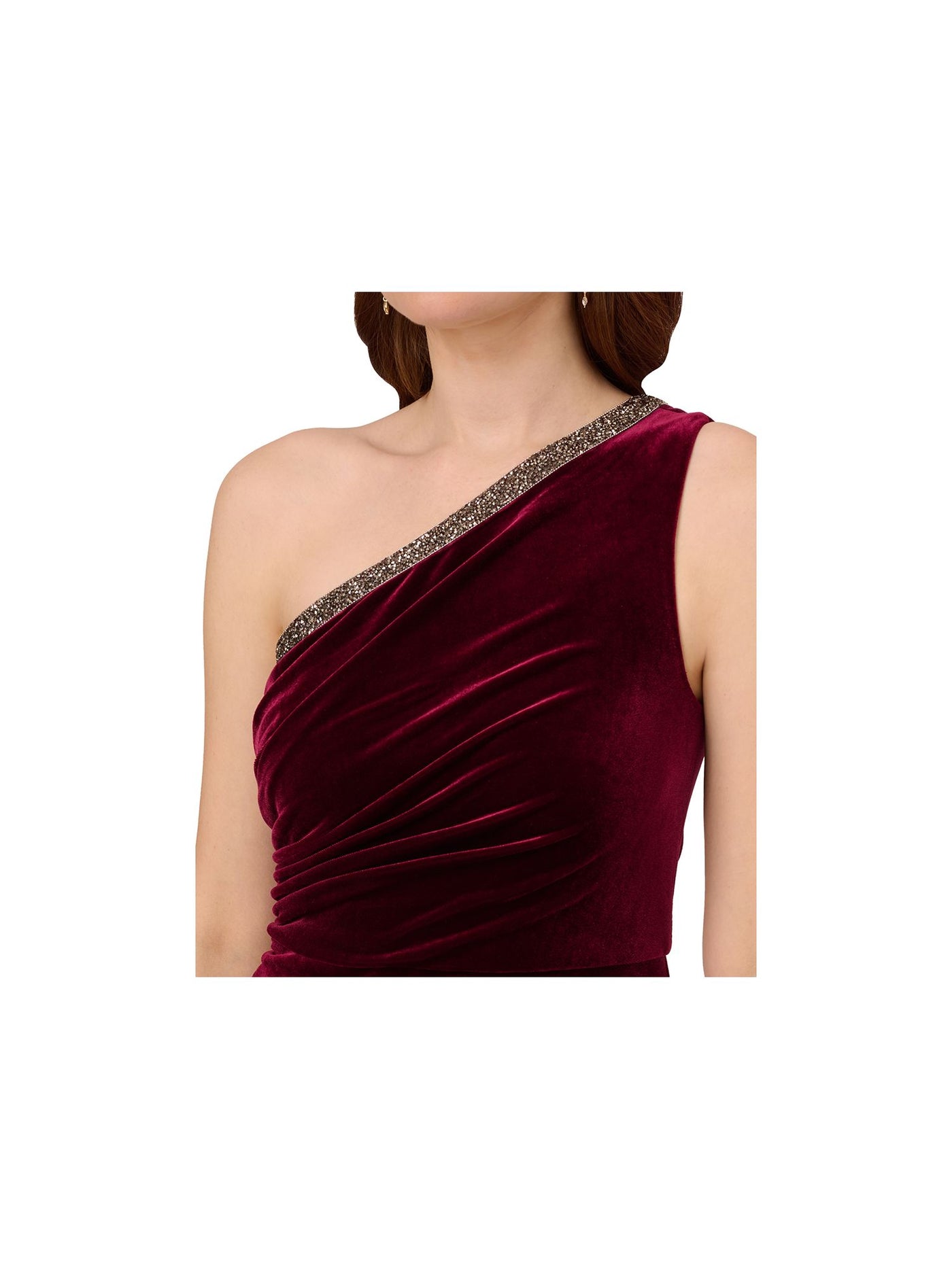 ADRIANNA PAPELL Womens Maroon Zippered Embellished Ruched Slitted Lined Sleeveless Asymmetrical Neckline Full-Length Evening Gown Dress 16