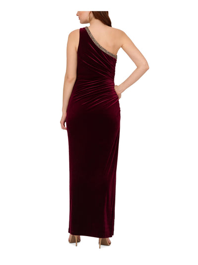 ADRIANNA PAPELL Womens Maroon Zippered Embellished Ruched Slitted Lined Sleeveless Asymmetrical Neckline Full-Length Evening Gown Dress 16