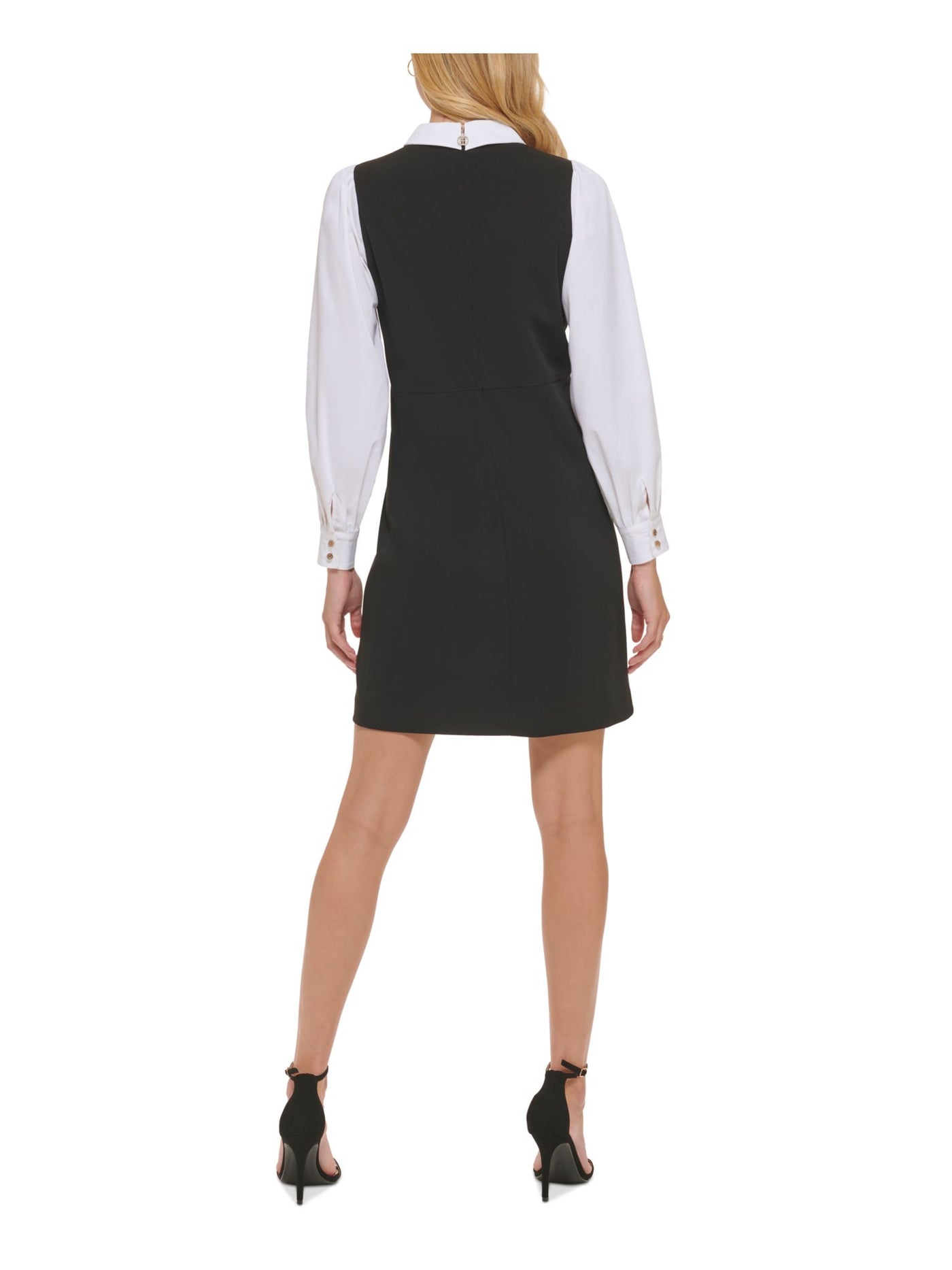 TOMMY HILFIGER Womens Black Zippered Unlined Color Block Blouson Sleeve Point Collar Above The Knee Wear To Work Sheath Dress 10