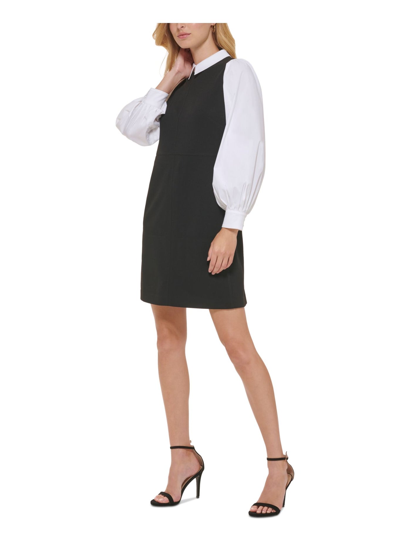 TOMMY HILFIGER Womens Black Zippered Unlined Color Block Blouson Sleeve Point Collar Above The Knee Wear To Work Sheath Dress 10