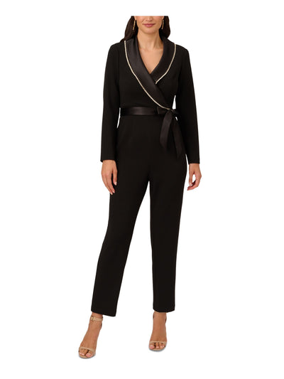 ADRIANNA PAPELL Womens Black Embellished Tie Zippered Long Sleeve Surplice Neckline Wear To Work Jumpsuit 12