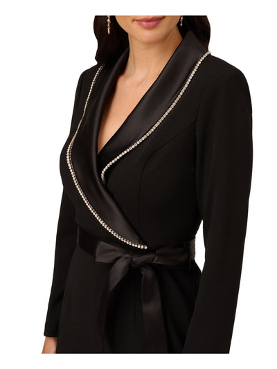 ADRIANNA PAPELL Womens Black Embellished Tie Zippered Long Sleeve Surplice Neckline Wear To Work Jumpsuit 12