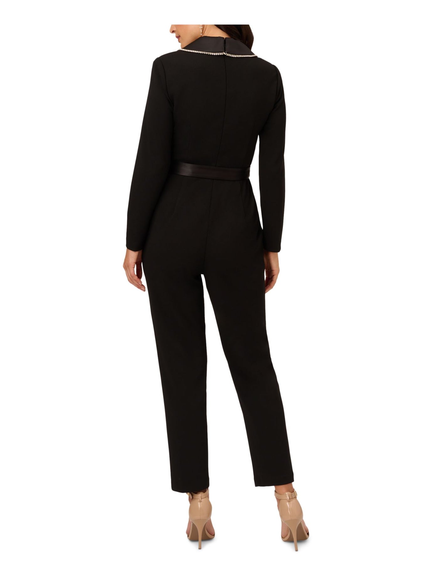 ADRIANNA PAPELL Womens Black Embellished Tie Zippered Long Sleeve Surplice Neckline Wear To Work Jumpsuit 12