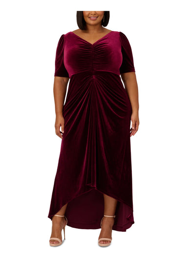 ADRIANNA PAPELL Womens Burgundy Ruched Zippered Lined Elbow Sleeve V Neck Full-Length Evening Hi-Lo Dress Plus 20W