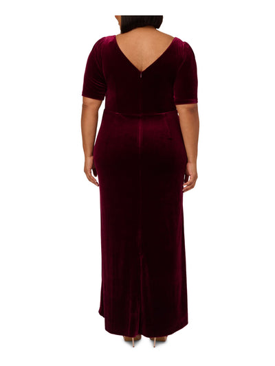 ADRIANNA PAPELL Womens Burgundy Ruched Zippered Lined Elbow Sleeve V Neck Full-Length Evening Hi-Lo Dress Plus 18W