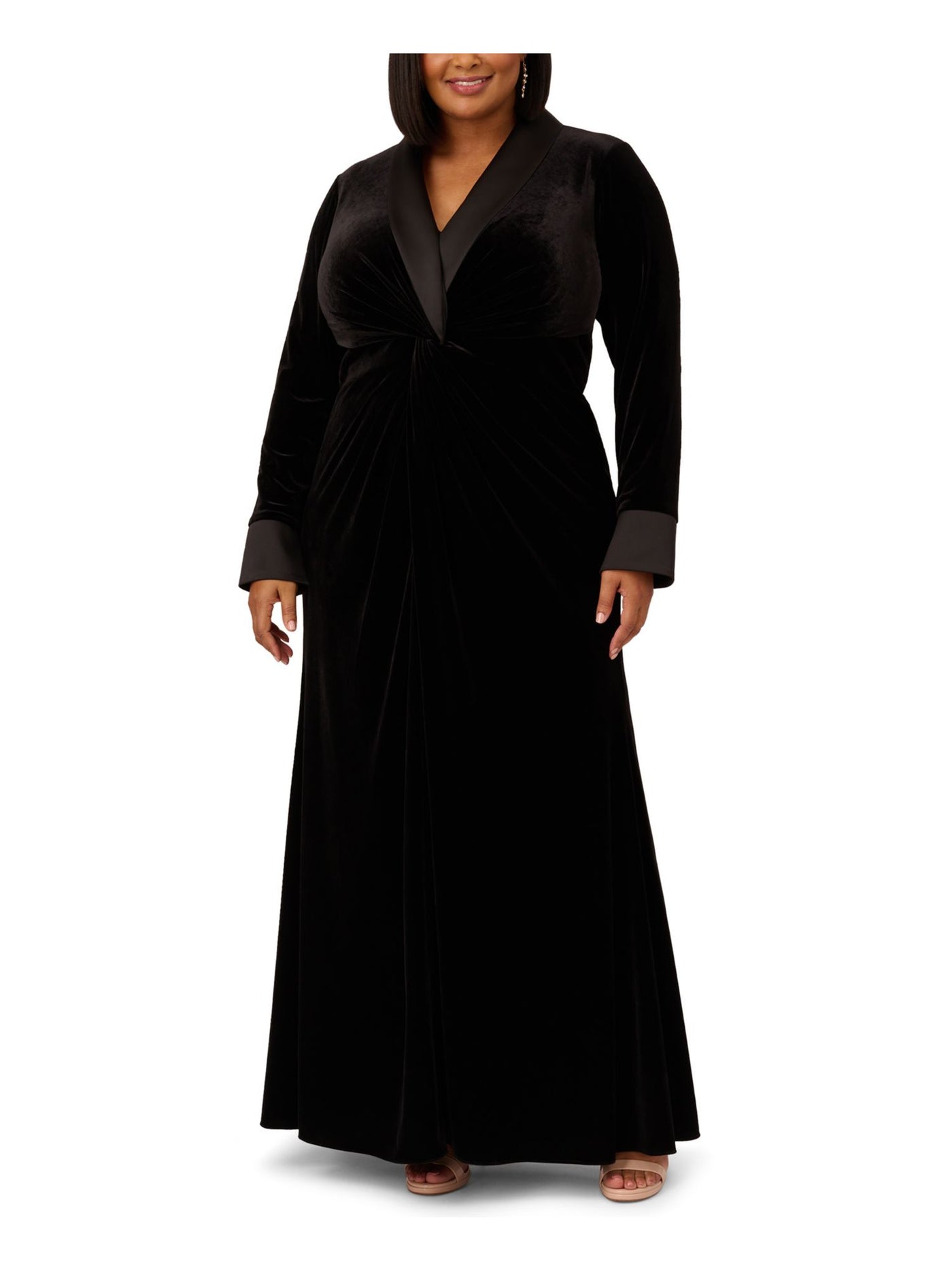 ADRIANNA PAPELL Womens Black Zippered Lined Tux Style Cuffed Sleeve Surplice Neckline Full-Length Evening Gown Dress Plus 18W