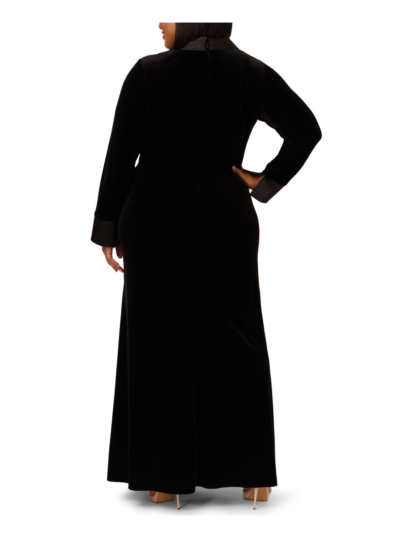 ADRIANNA PAPELL Womens Black Zippered Lined Tux Style Cuffed Sleeve Surplice Neckline Full-Length Evening Gown Dress Plus 18W