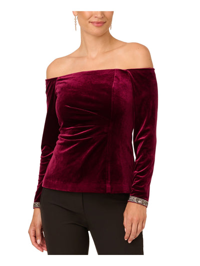 ADRIANNA PAPELL Womens Burgundy Rhinestone Pleated Zipped Sleeve And Back Lined Long Sleeve Off Shoulder Party Top 14